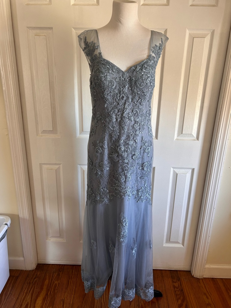 Azazie Slate Blue Lace Appliqu Prom Gown